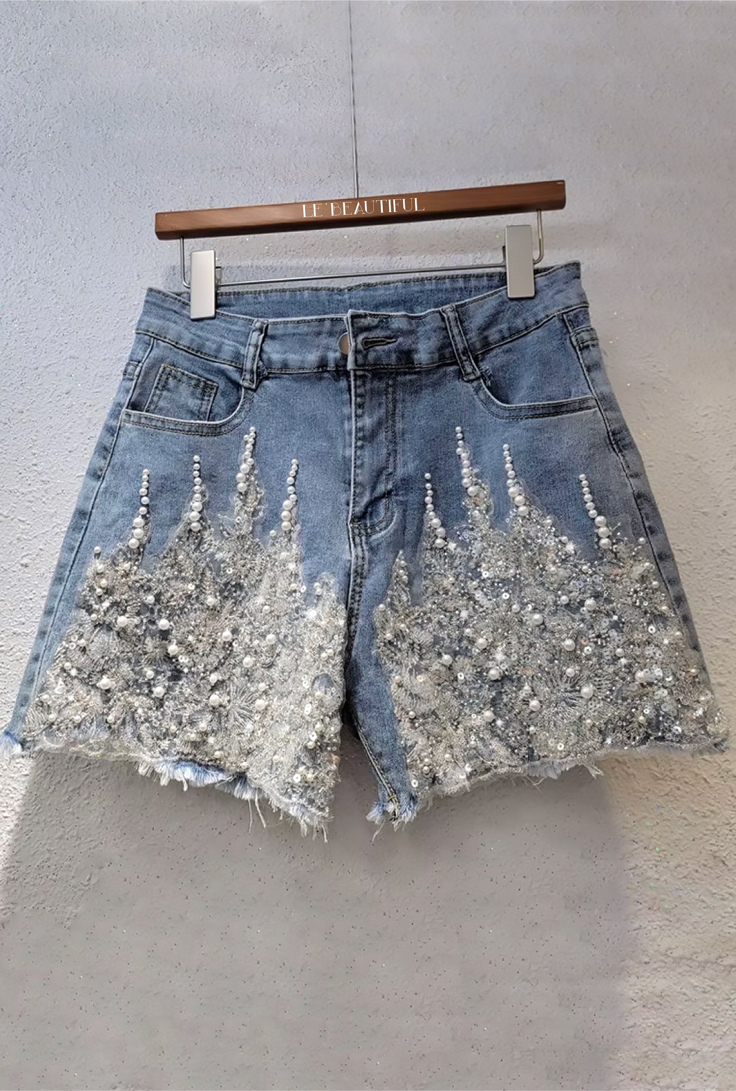 CELIA - BEADS LACE MESH DENIM SHORTS