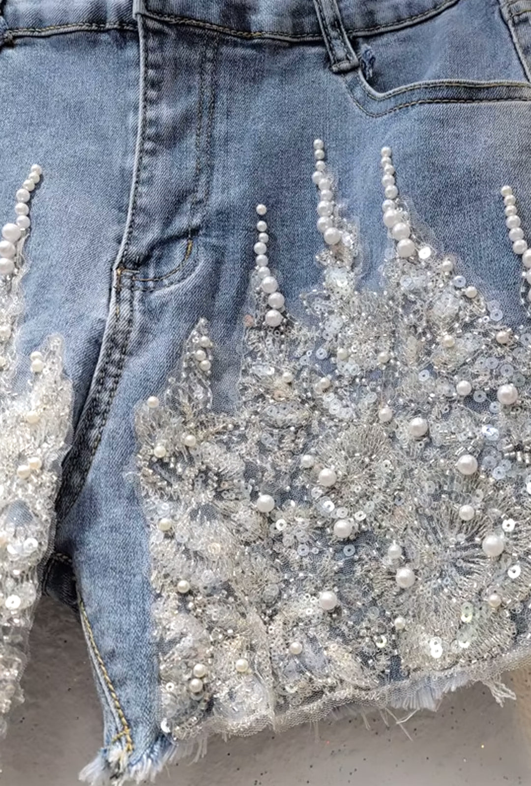 CELIA - BEADS LACE MESH DENIM SHORTS