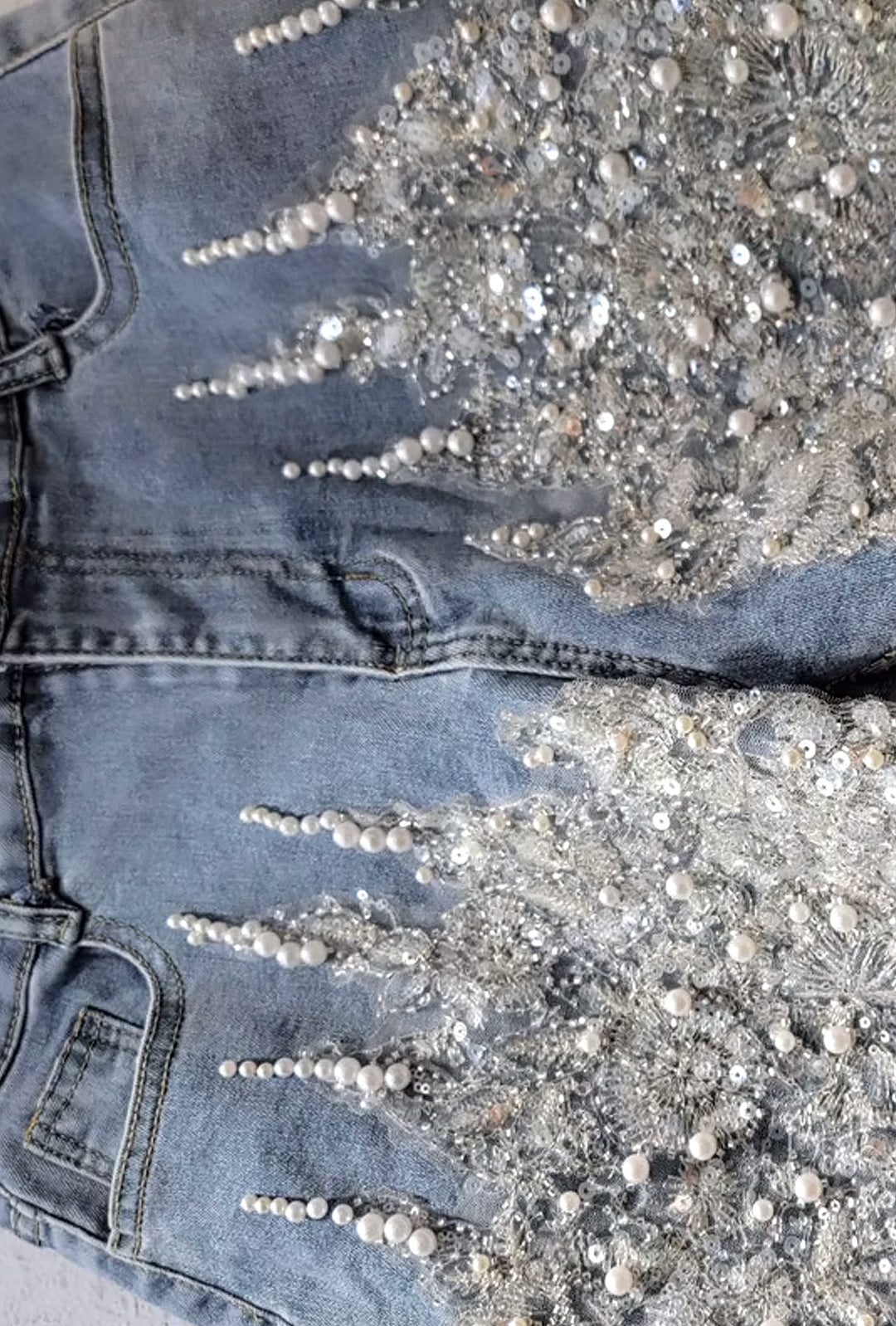 CELIA - BEADS LACE MESH DENIM SHORTS