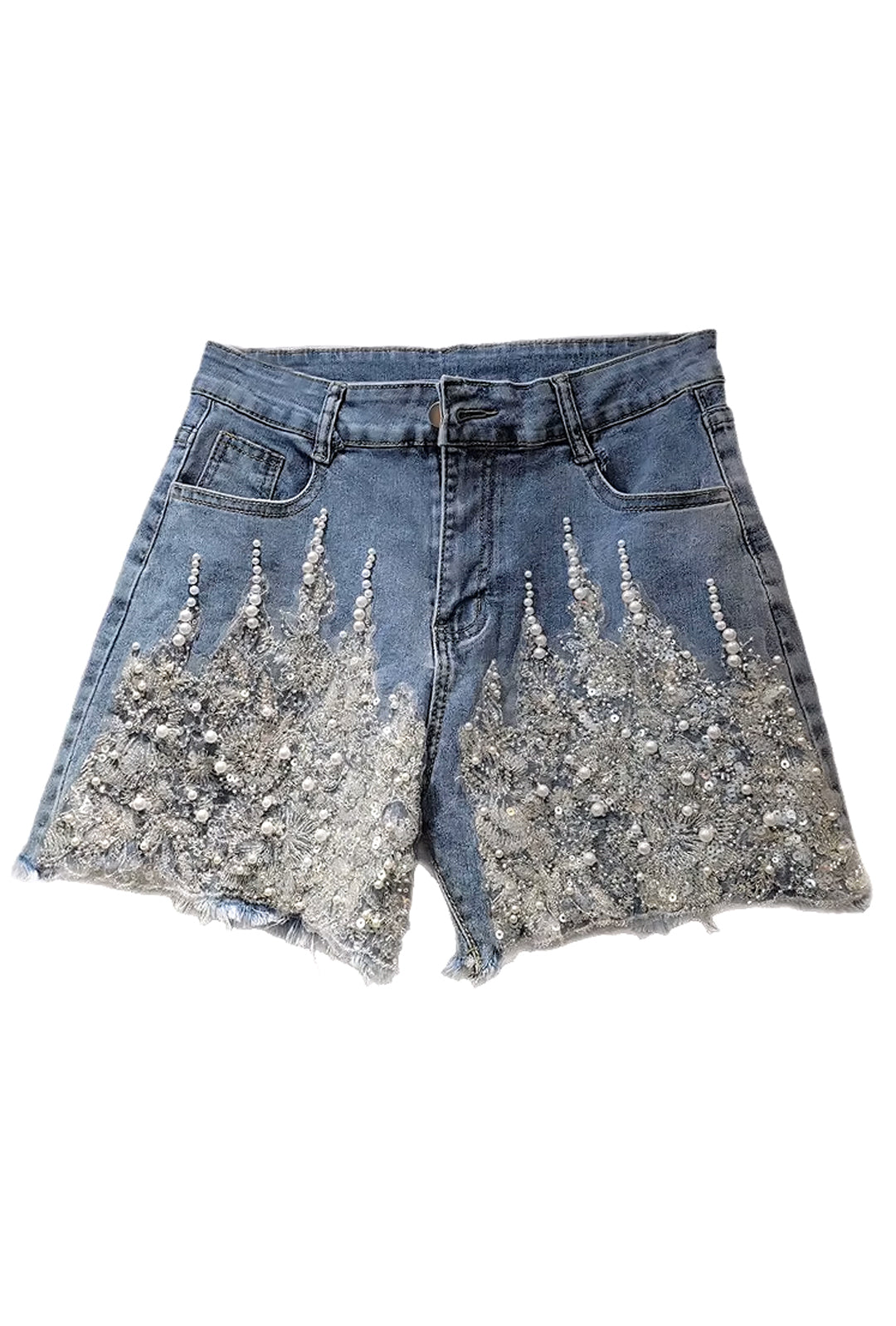 CELIA - BEADS LACE MESH DENIM SHORTS