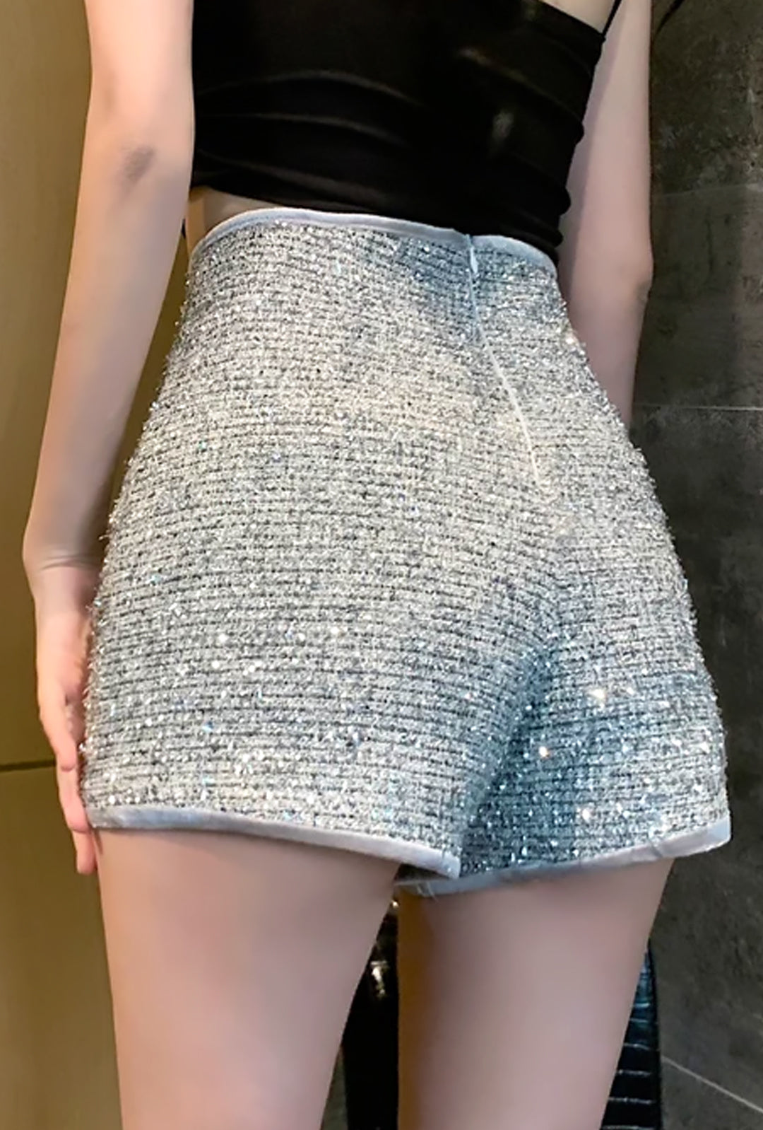 CHIVASA - SEQUINS HIGH WAIST EVENING SHORTS