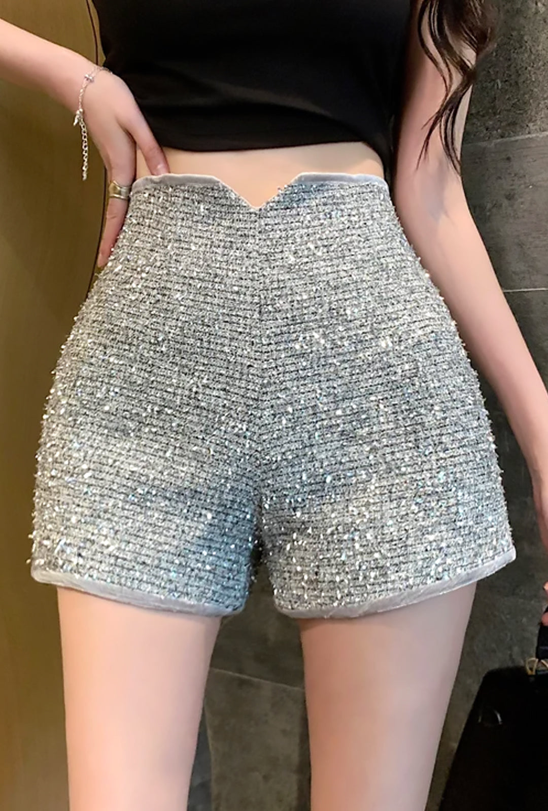 CHIVASA - SEQUINS HIGH WAIST EVENING SHORTS