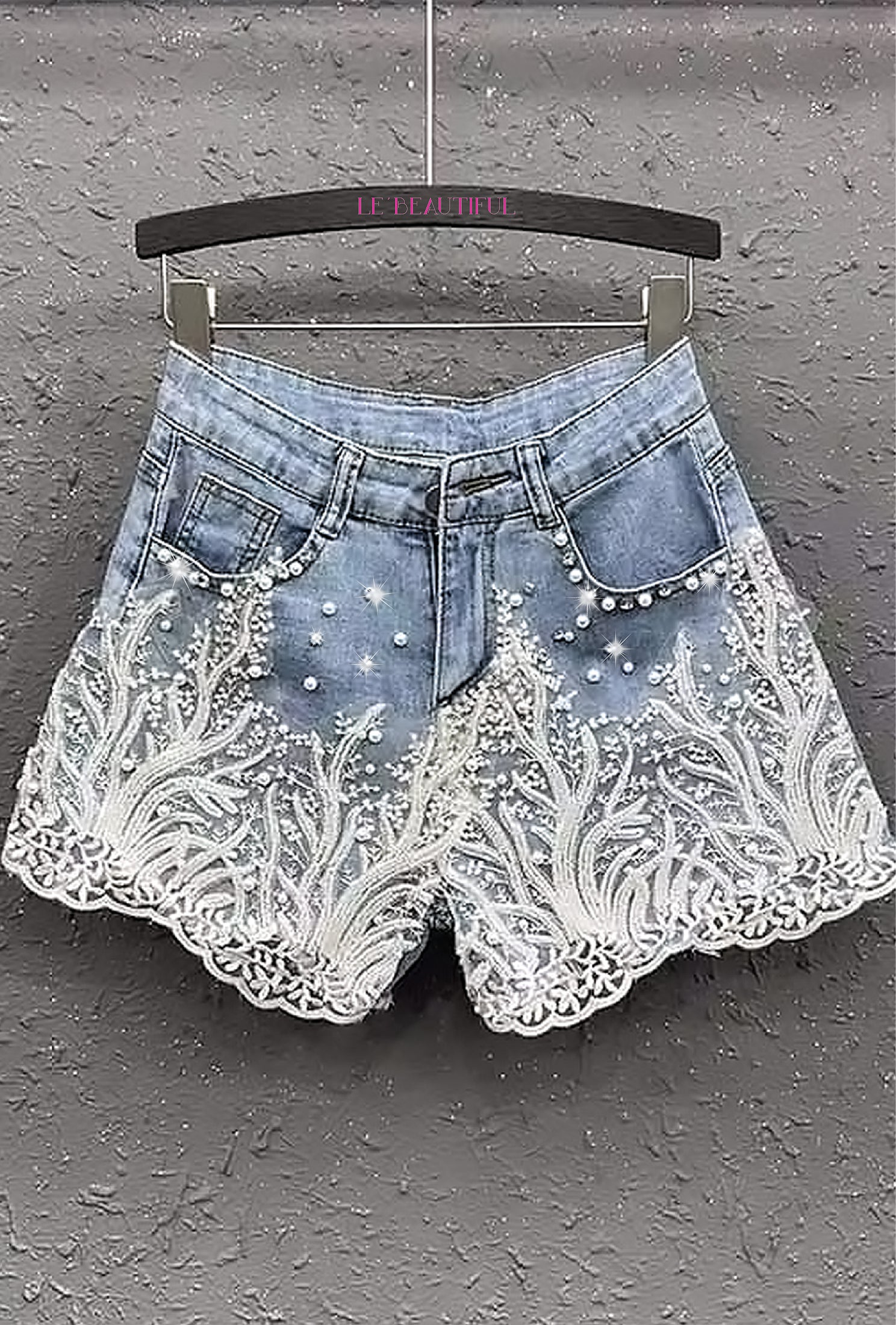 SHANTA - BEADS & STONES MESH LACE DENIM SHORTS
