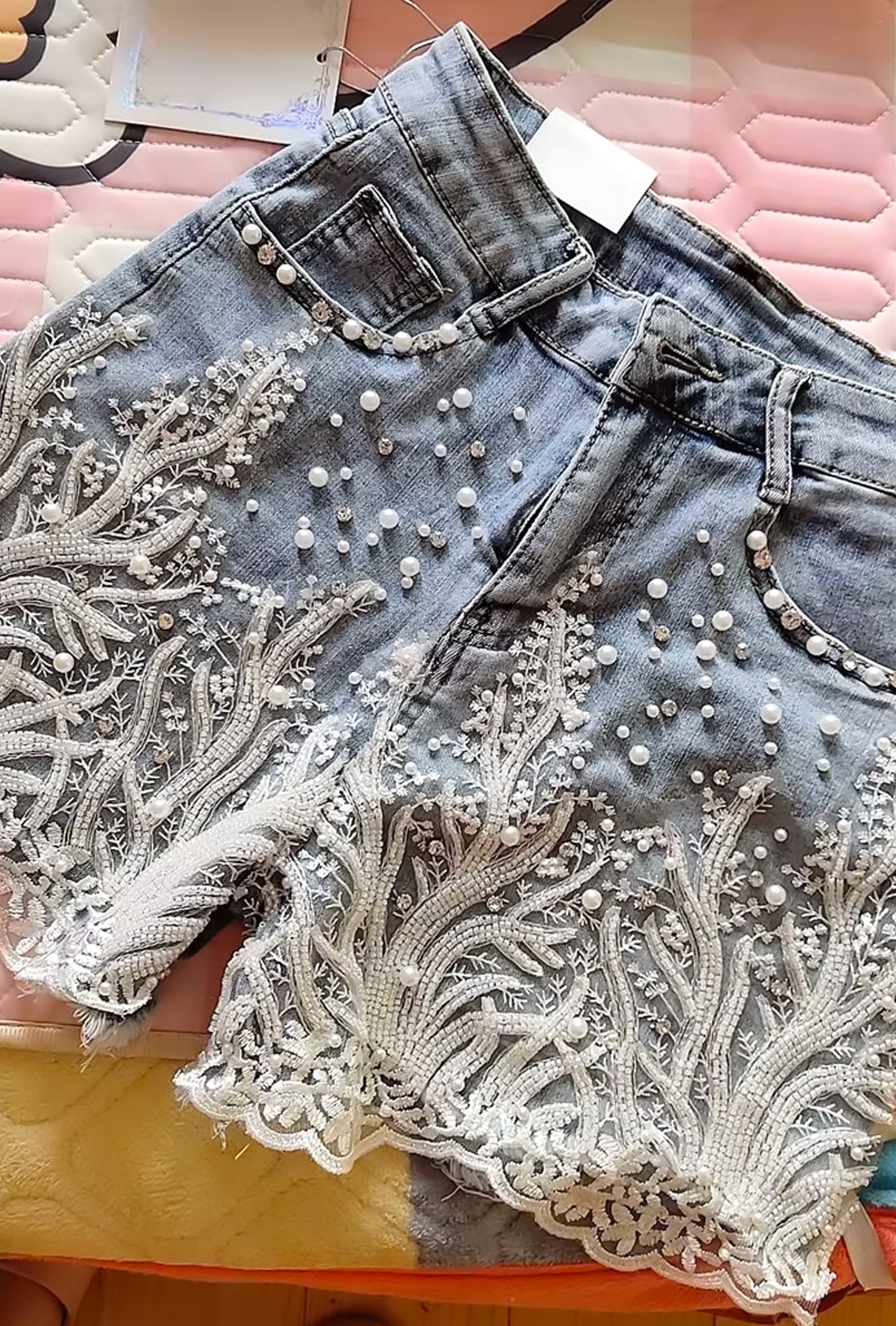 SHANTA - BEADS & STONES MESH LACE DENIM SHORTS