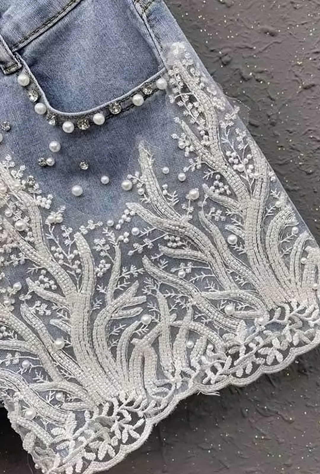 SHANTA - BEADS & STONES MESH LACE DENIM SHORTS