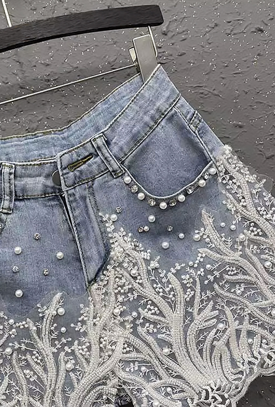 SHANTA - BEADS & STONES MESH LACE DENIM SHORTS