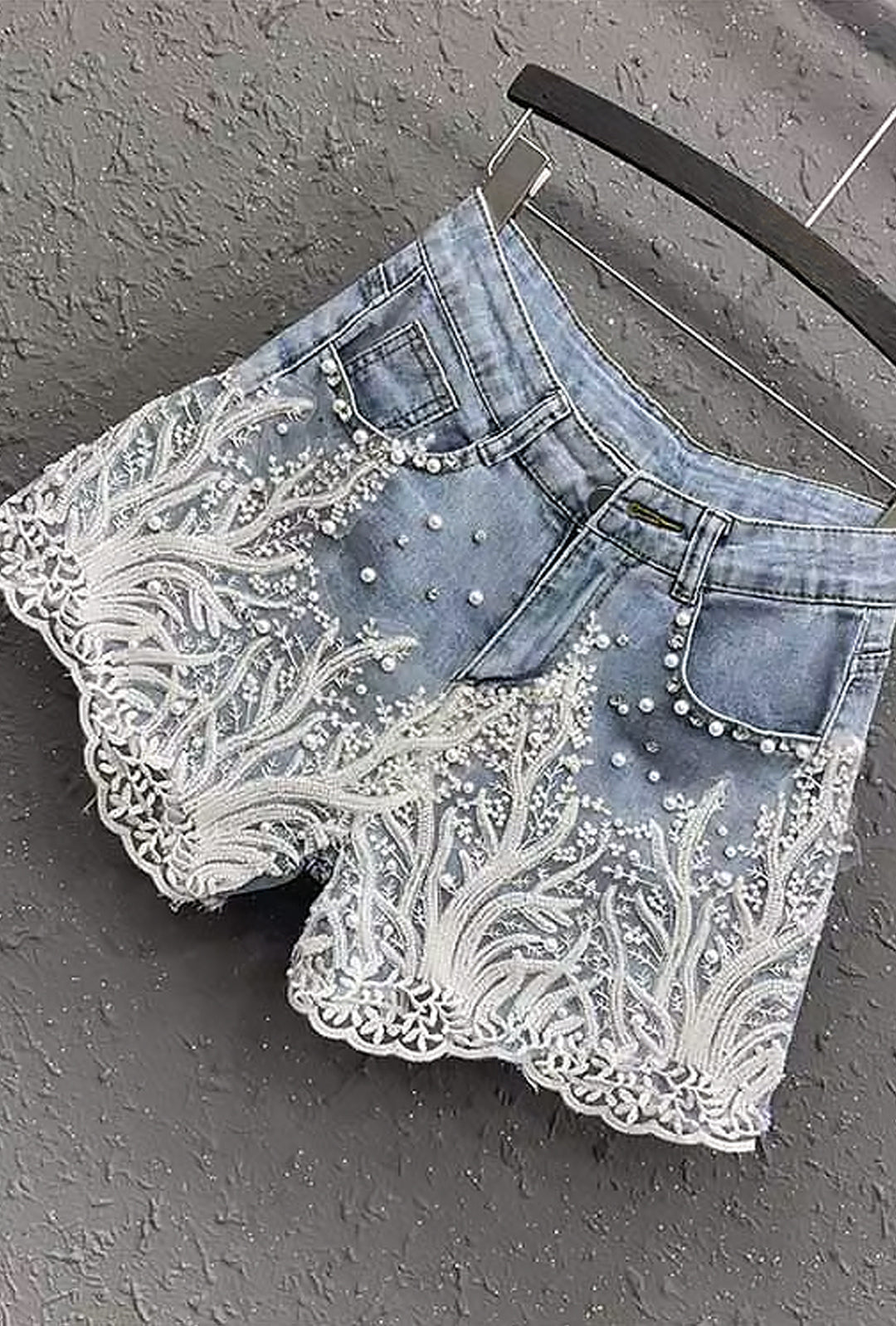 SHANTA - BEADS & STONES MESH LACE DENIM SHORTS