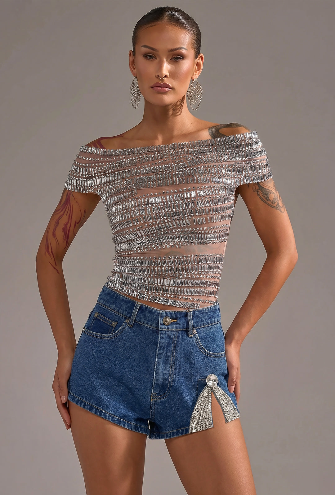 SHER - RHINESTONE RETRO DENIM SHORTS