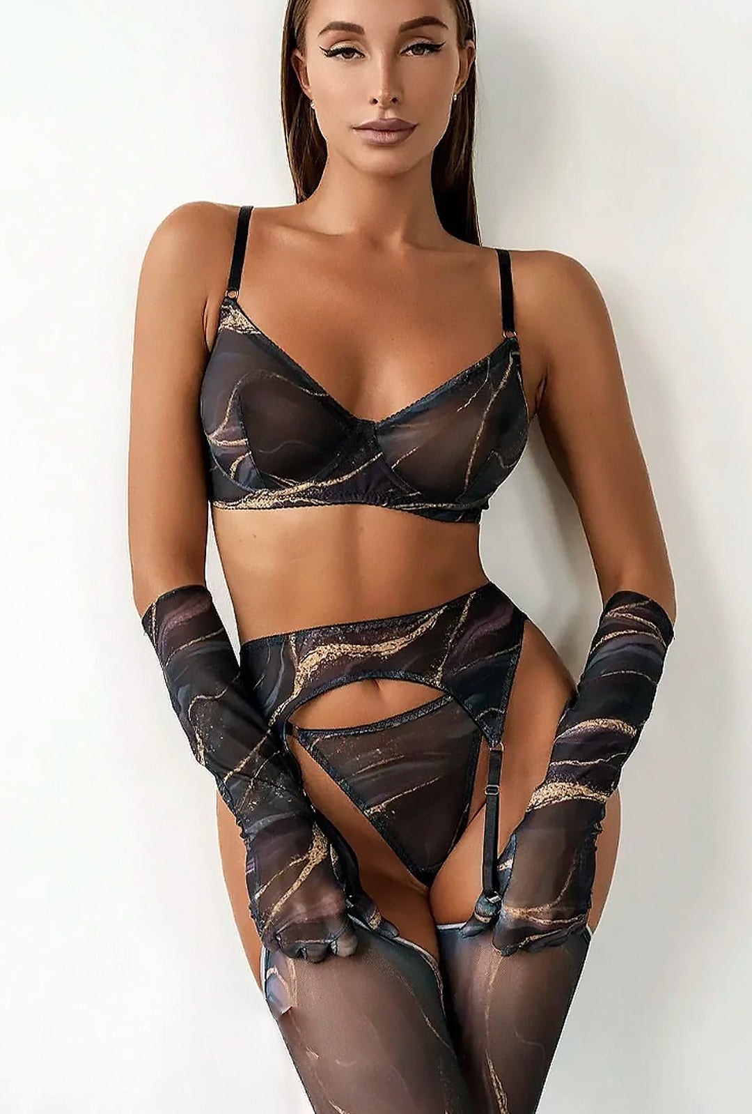 TERRYL - LINGERIE GIARRETTIERA E GUANTO SET 5 PEZZI