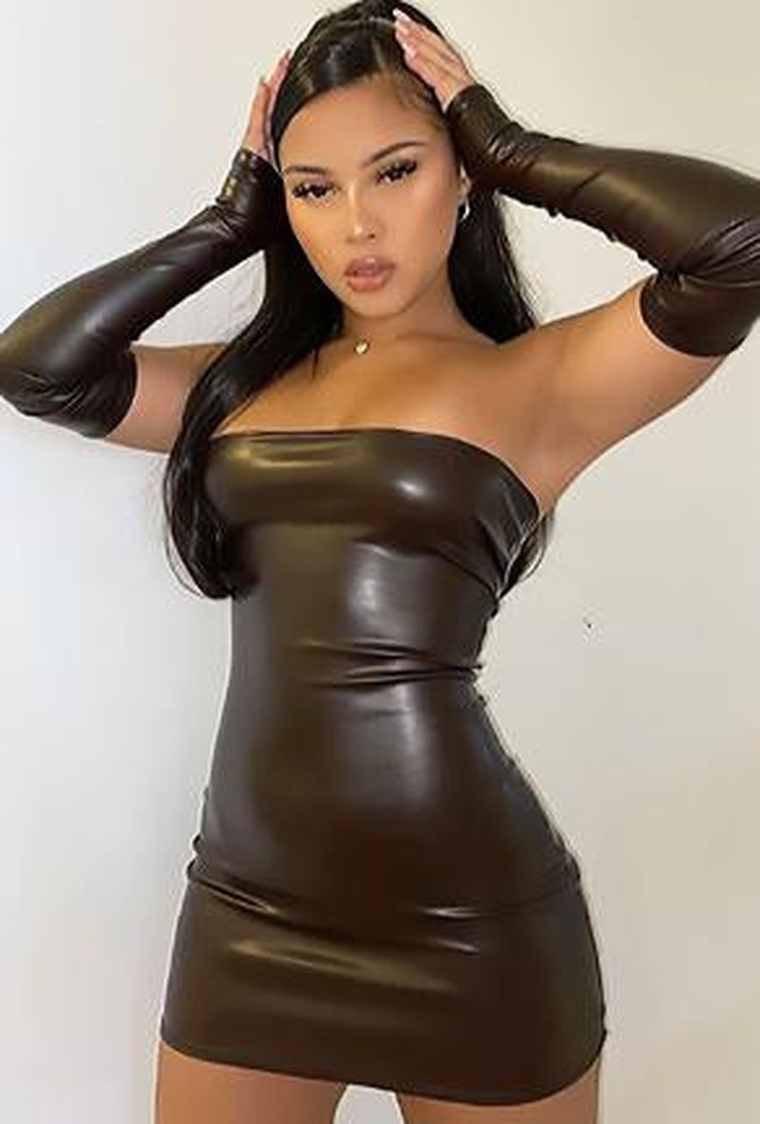 fitted lace wedding dress Cutout Faux Leather Tube Maxi Dress Brown / Large