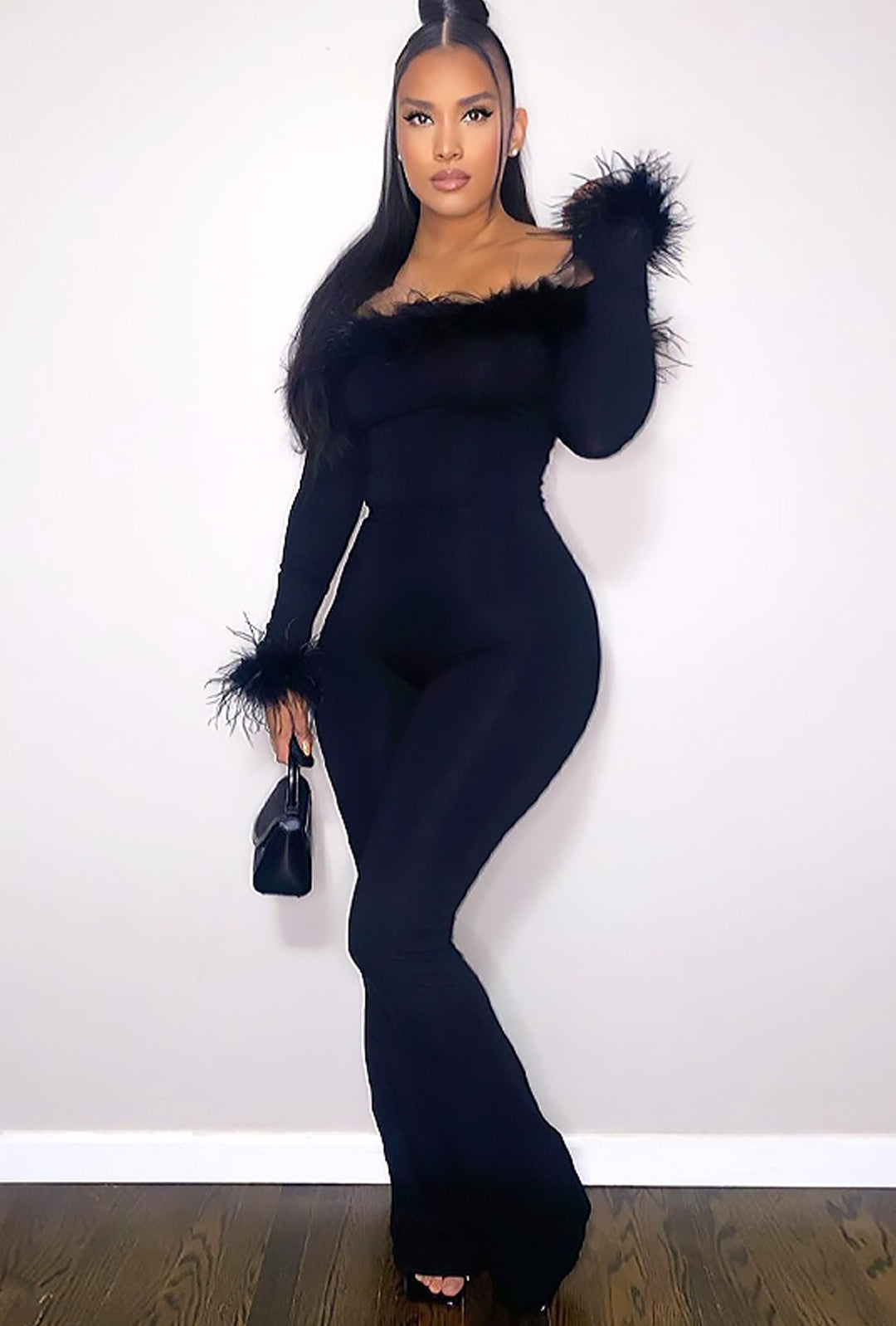 SHEENA - FEATHER TRIM PANT BODYSUIT