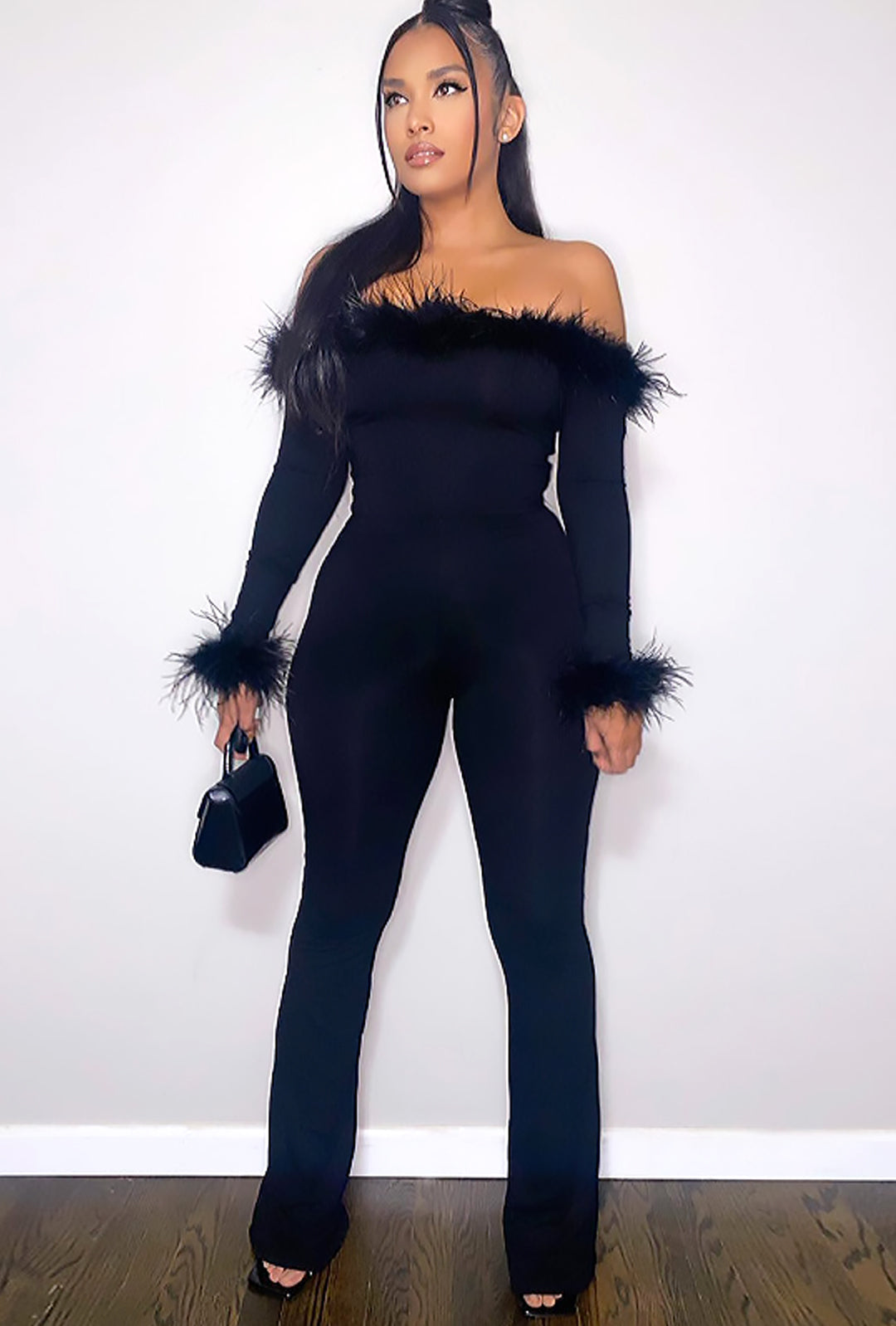 SHEENA - FEATHER TRIM PANT BODYSUIT