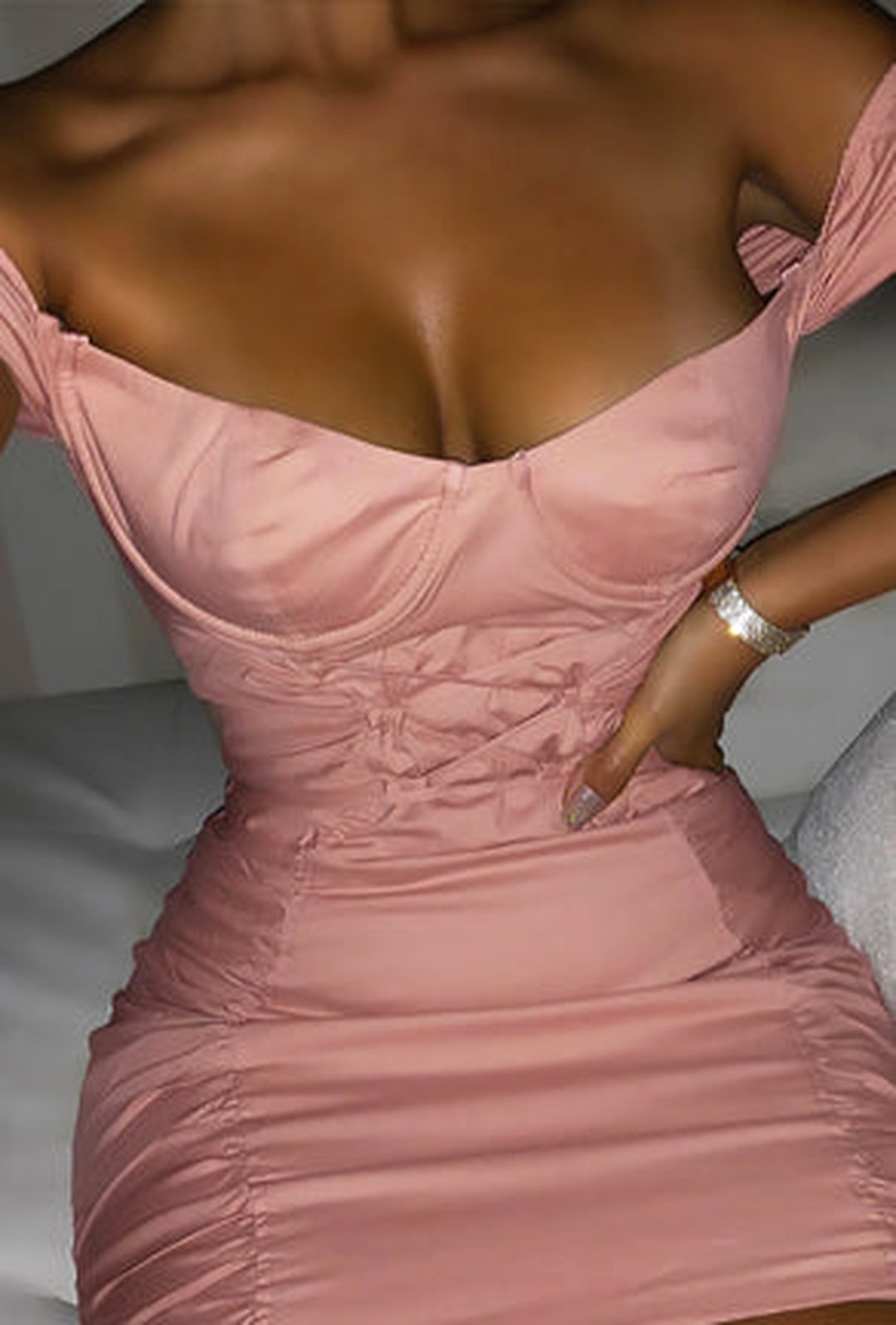 SUSY - LACE UP RUCHED DRESS