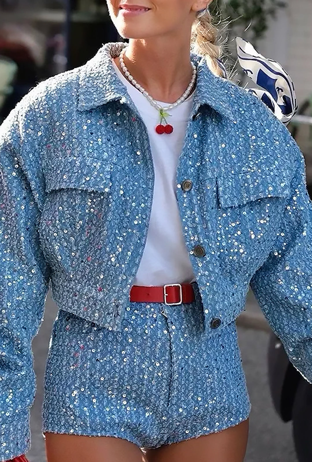 AUJA - SHORTS AND JACKET SEQUINS DENIM SET
