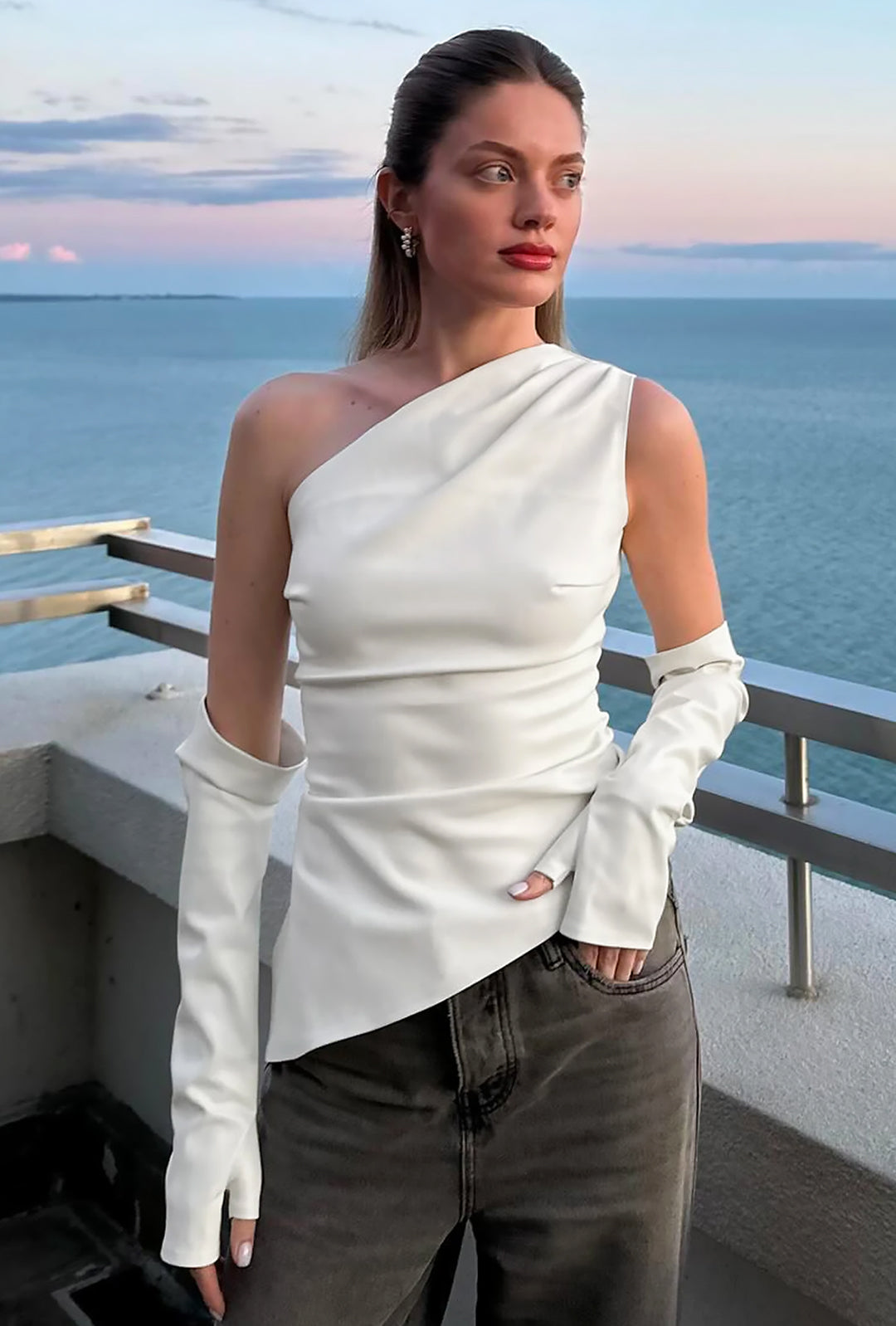BELLA - ASYM LEATHERETTE MATCHING GLOVED TOP