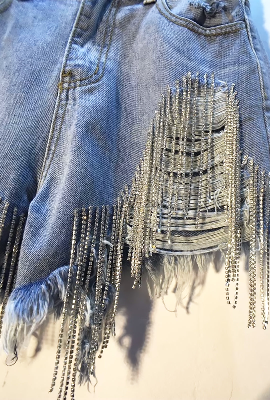 LUCY - SEQUINS FRINGE DENIM SHORTS