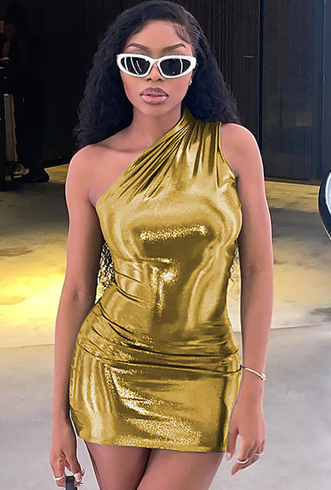 TERIA - ONE SHOULDER METALLIC MINI DRESS