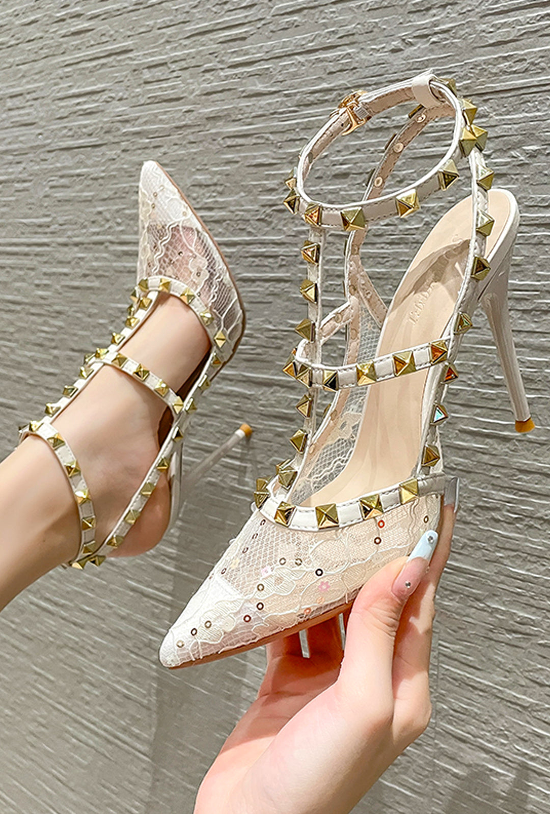 VANIA - LACE STUDROCK SANDAL HEELS