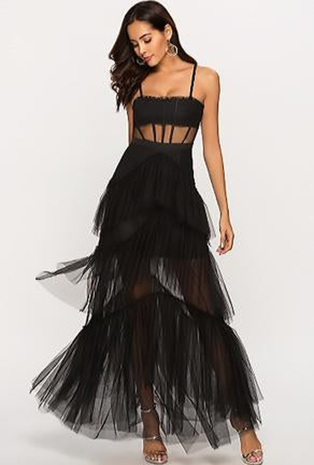 Black Maxi Dress - Strapless Bustier Dress - Organza Corset Dress