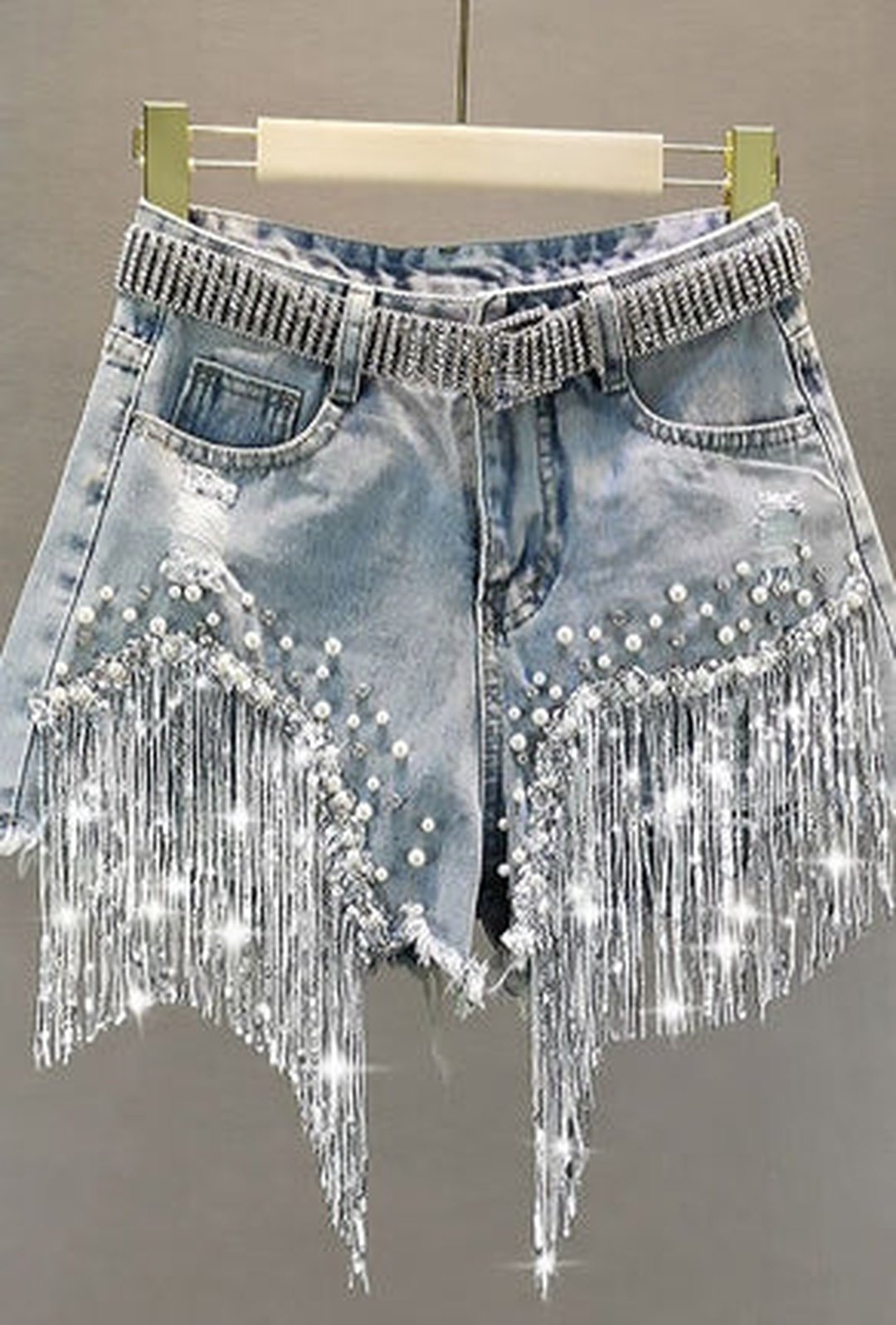 DALLAS - SEQUINS FRINGE DENIM SHORTS