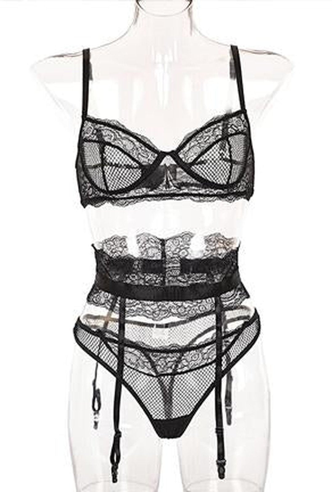 LINA - MESH 3 PIECE GARTER LINGERIE