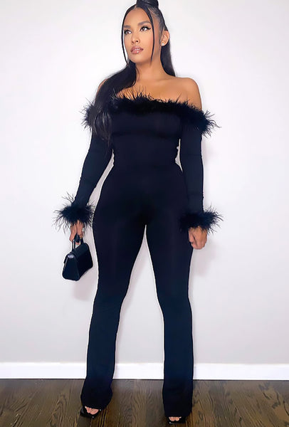 SHEENA - FEATHER TRIM PANT BODYSUIT