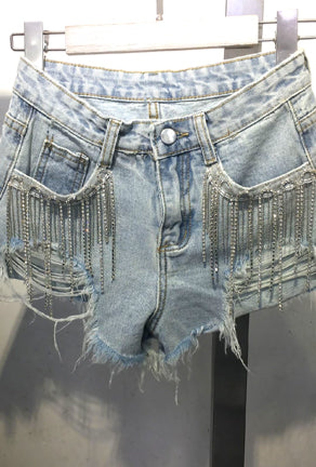 VALORIE - RHINESTONE FRINGE DENIM SHORTS