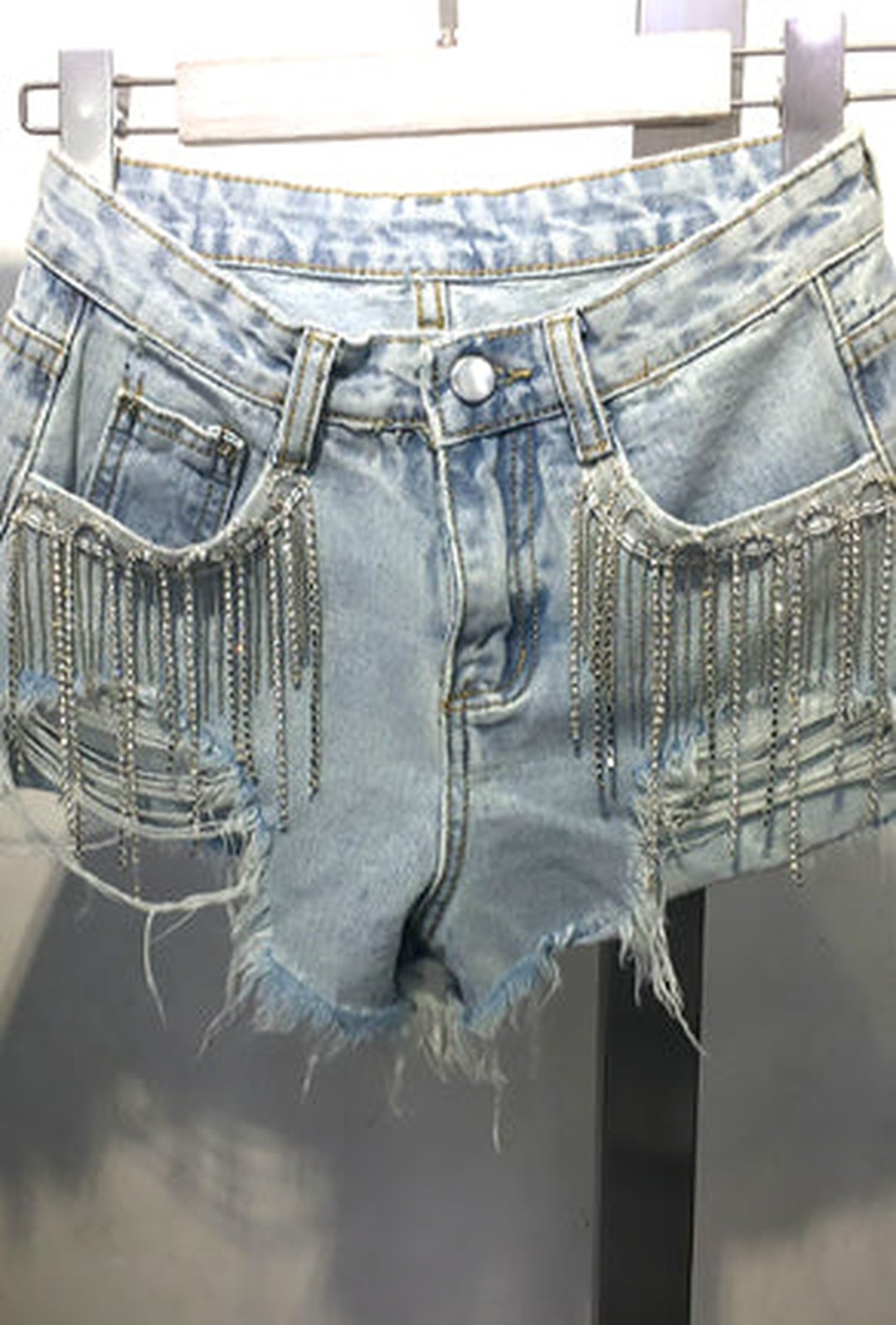 VALORIE - RHINESTONE FRINGE DENIM SHORTS